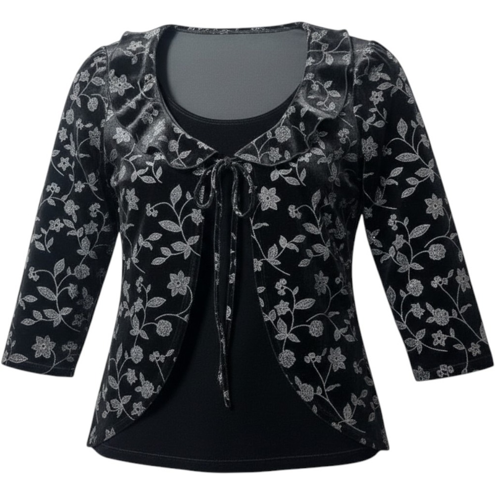 Notations 2-in-1 Top Womens Medium Black Silver Glitter Floral Velvet Whimsigoth